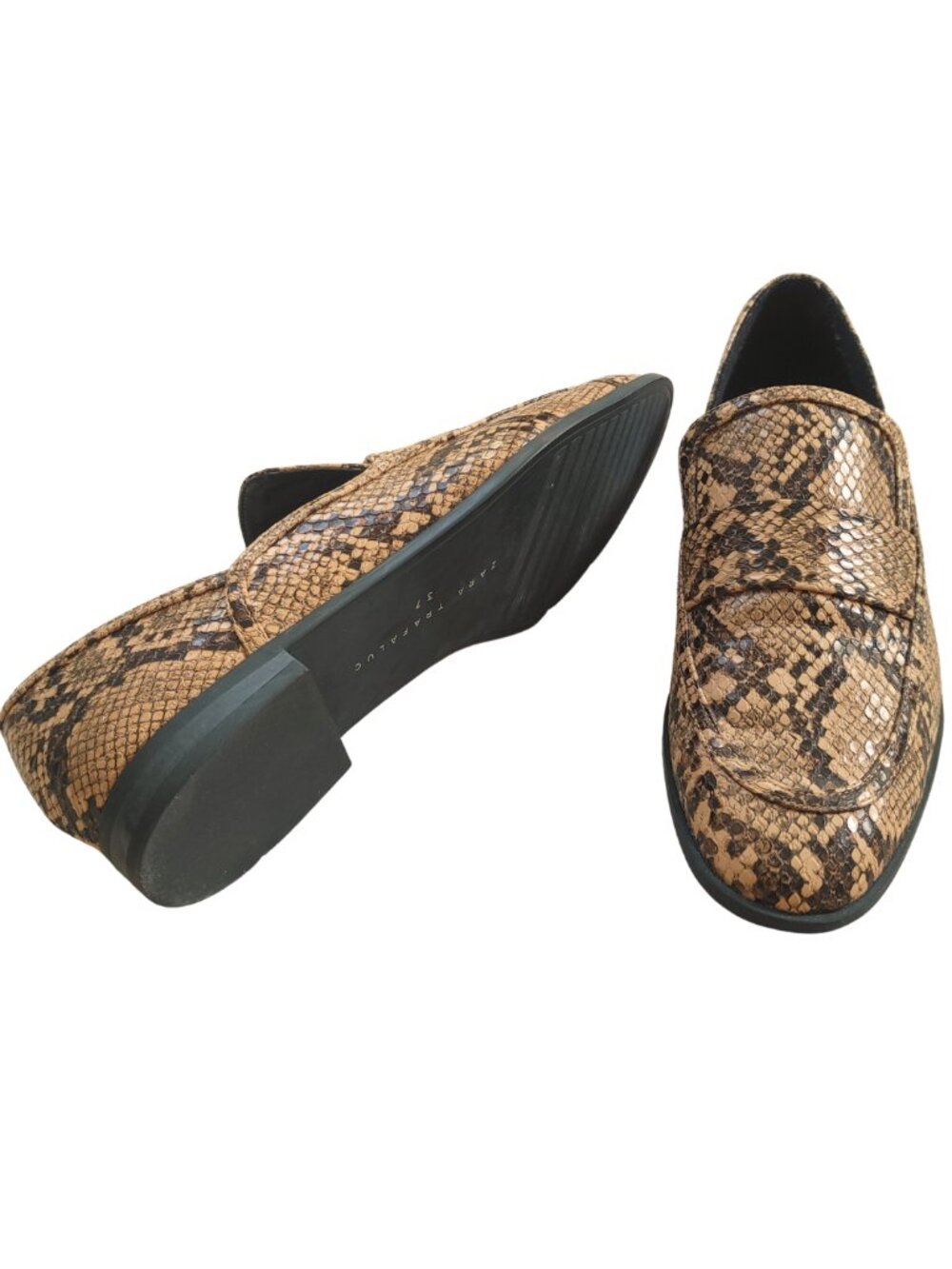 Zara Trafaluc Snakeskin Penny Loafers Tan Brown Animal Print Slip On Flats 37